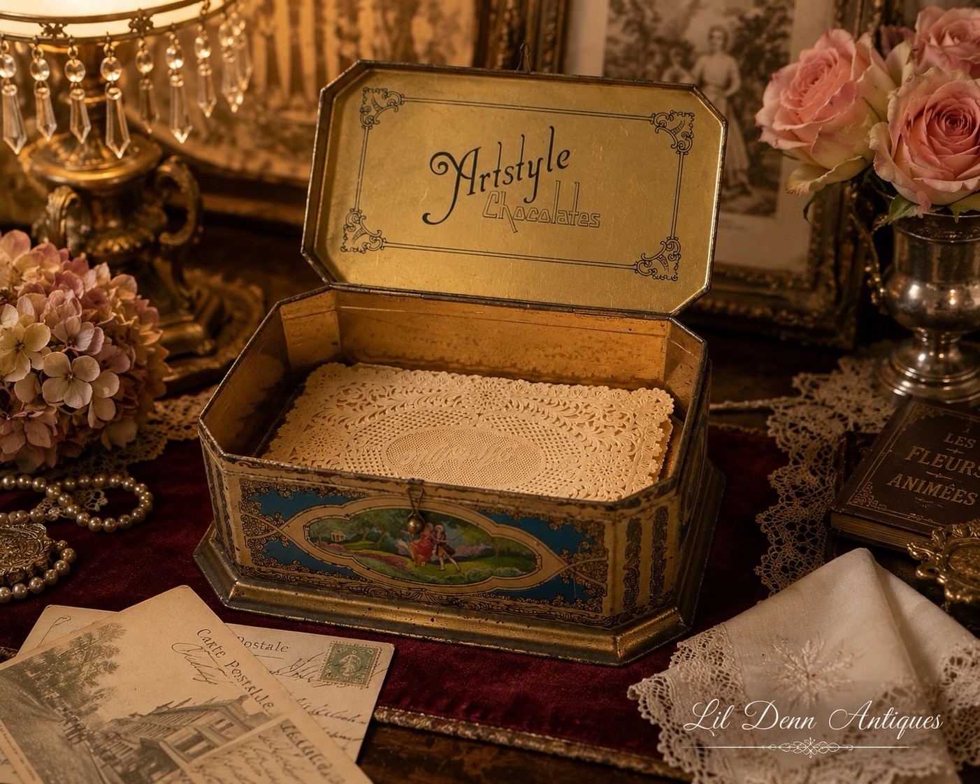 Antique Artstyle Chocolates Tin Box Original Insert American Can Co 1920s