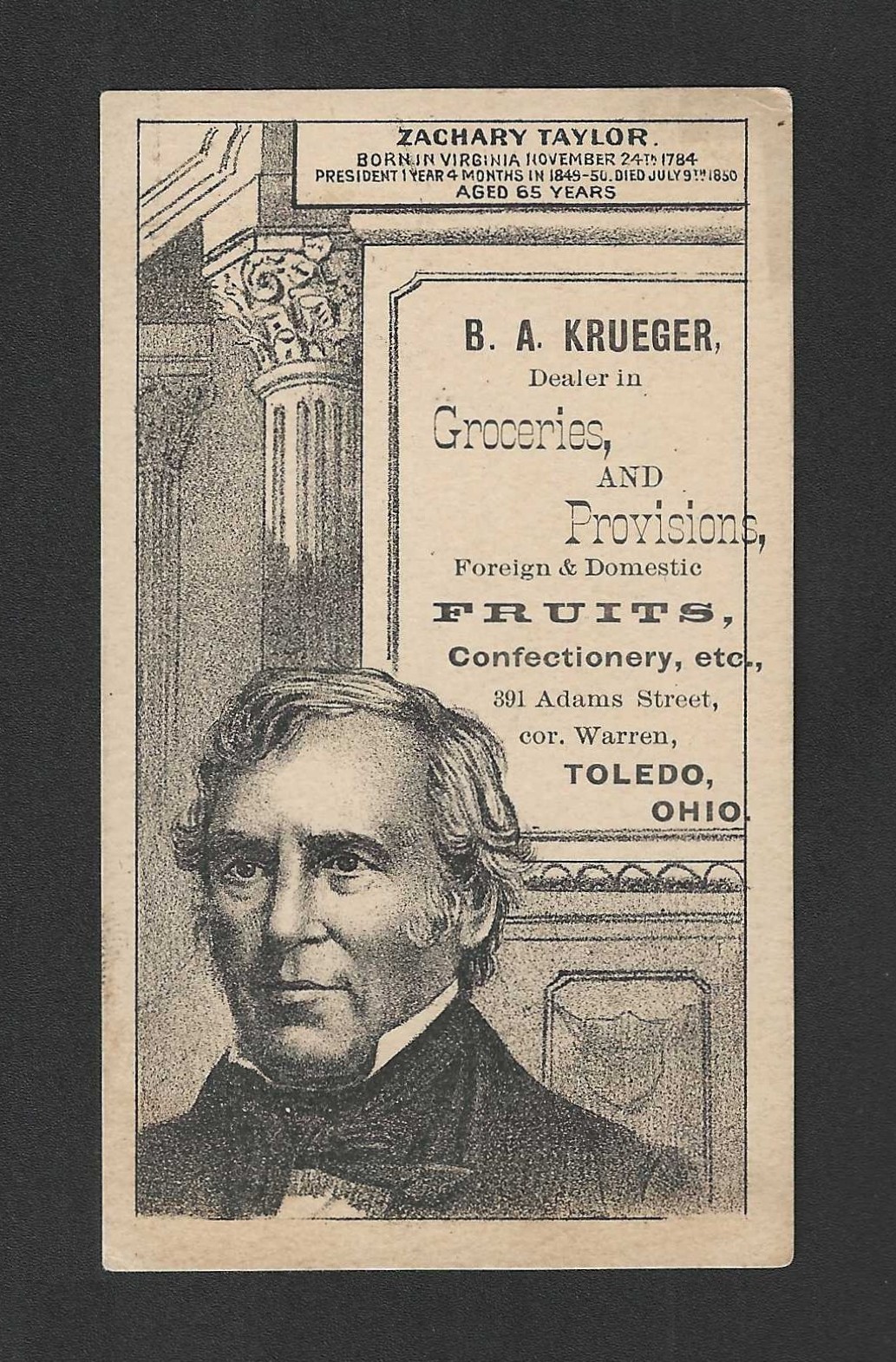 c1880 H602 Trade Card – Grocery Confectionary Toledo, Ohio – President Taylor