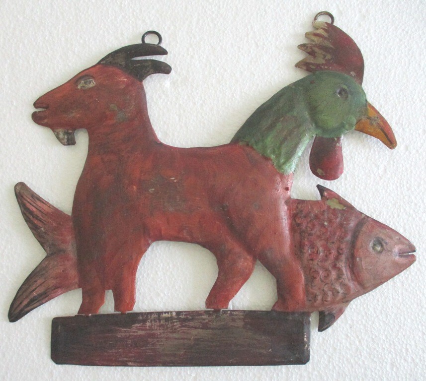 ANTIQUE ADVERTISEMENT TRADE SIGN FISH , GOAT AND ROOSTER HANGING .