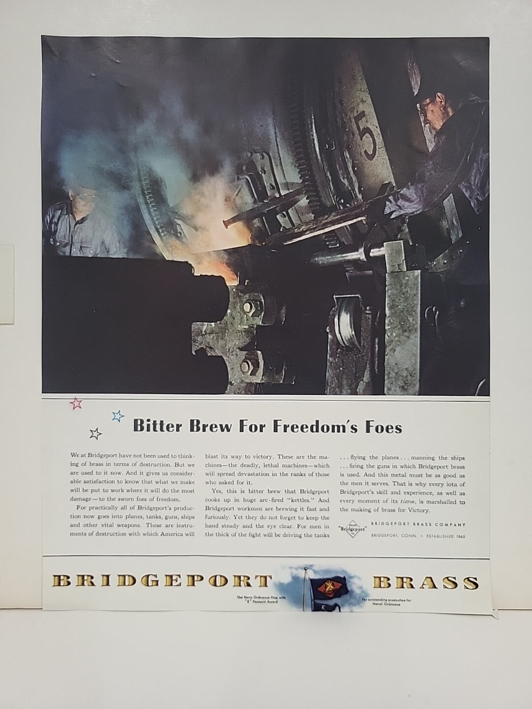 1942 Bridgeport Brass Fortune WW2 Print Ad Q2 Steel War Machine Homefront