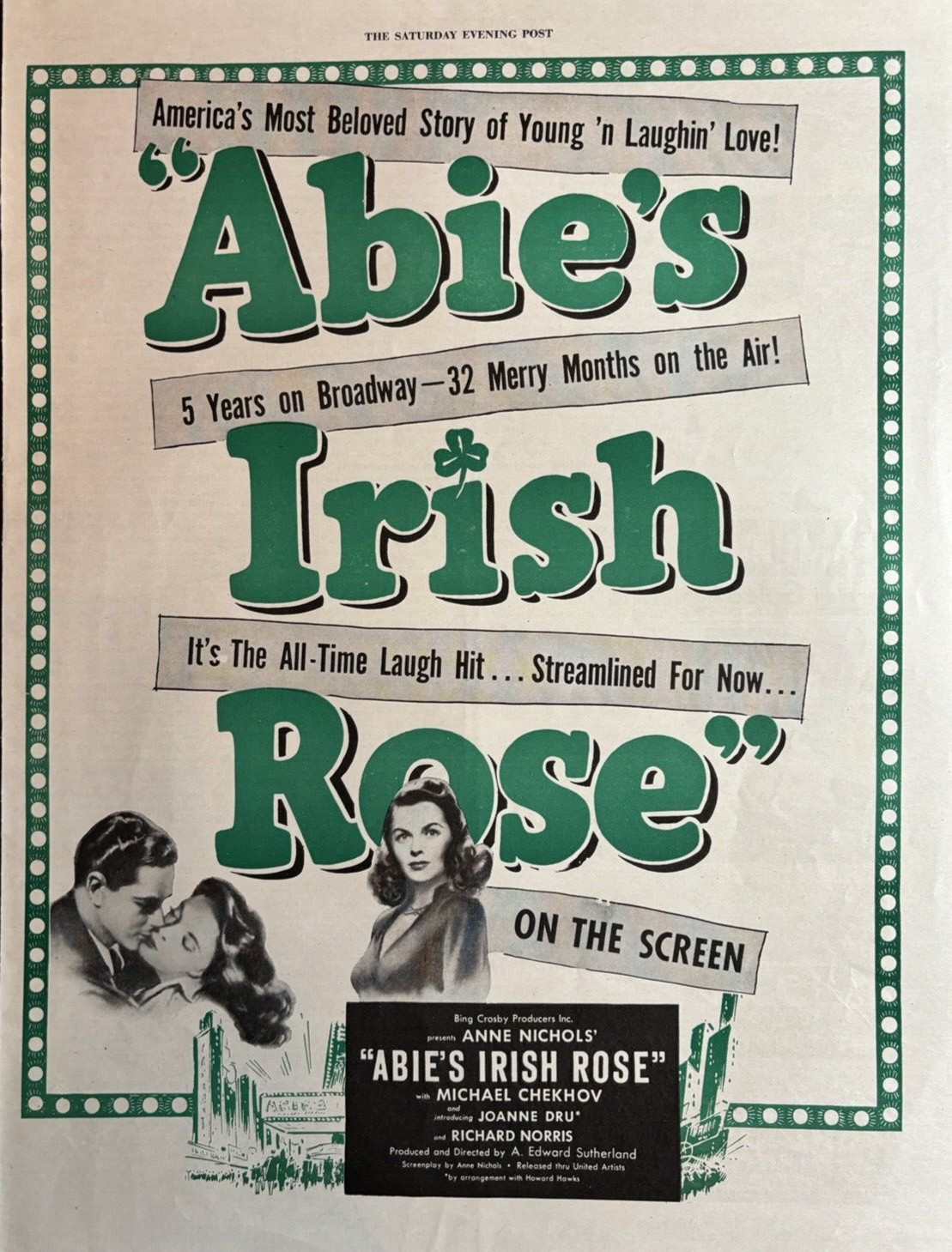 1947 Abies Irish Rose Anne Nichols Movie On The Screen Laugh Hit VTG Print Ad