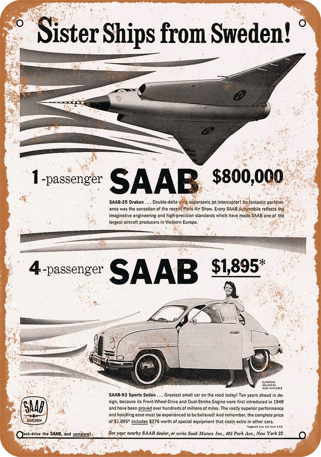 Metal Sign – 1960 Saab 93 Sports Sedan – Vintage Look Reproduction