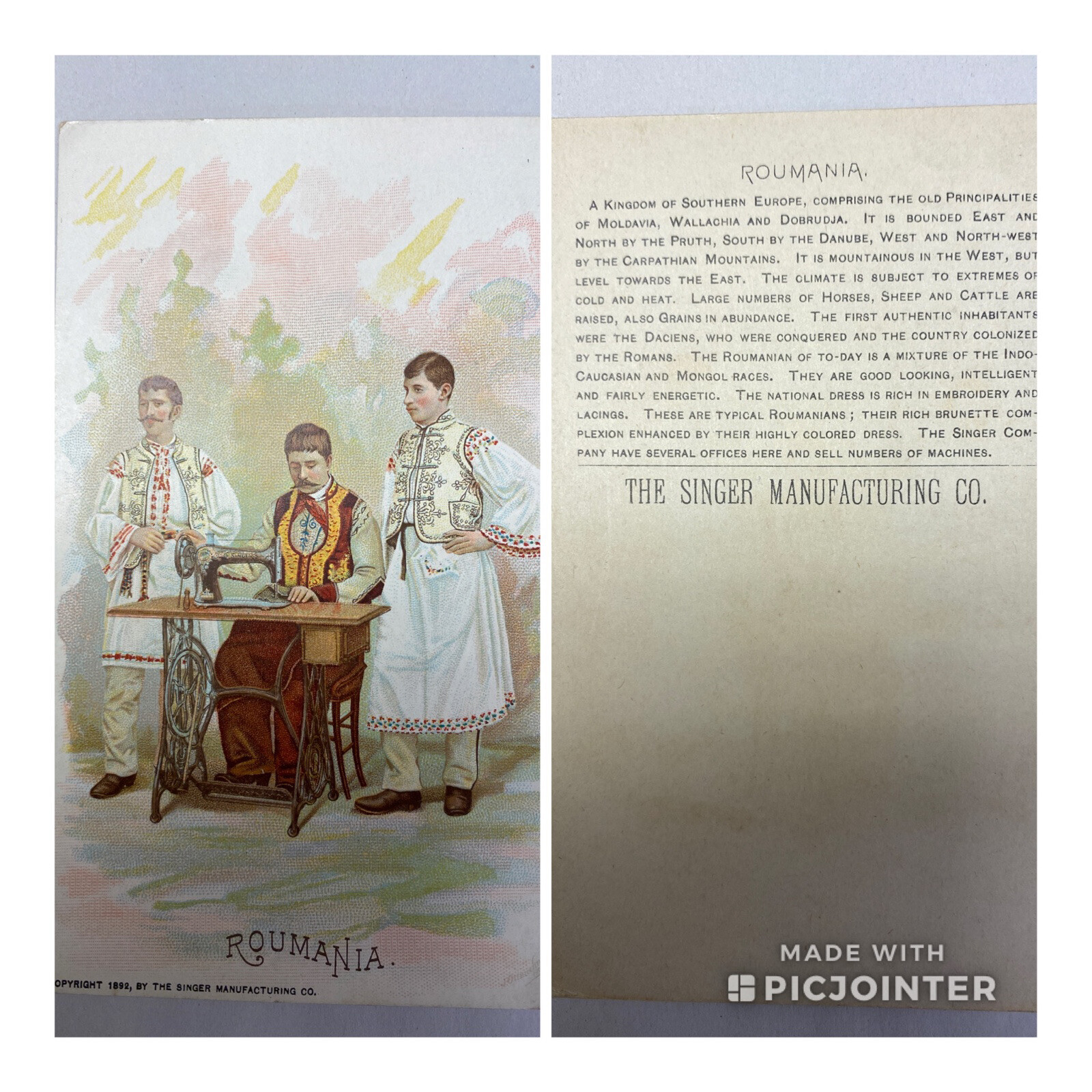 ANTIQUE 1892 Romanian The Singer Manufacturing Co. Trade Card MEN (aF)
