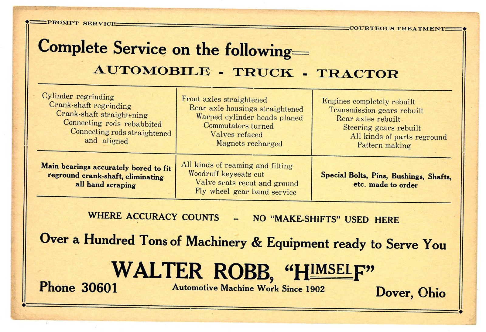2 Walter Robb Auto Machine Work & Brakes Dover Ohio 1920s advertising cards