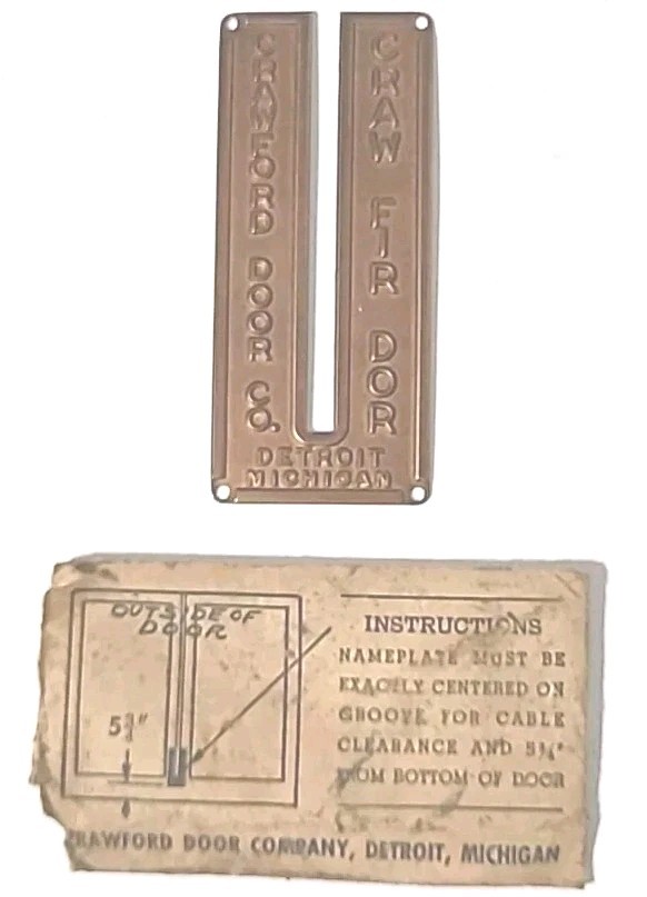 Vintage Crawford Door Co Detroit Michigan Nameplate. Brass. 1.5×3.5″. In Sleeve