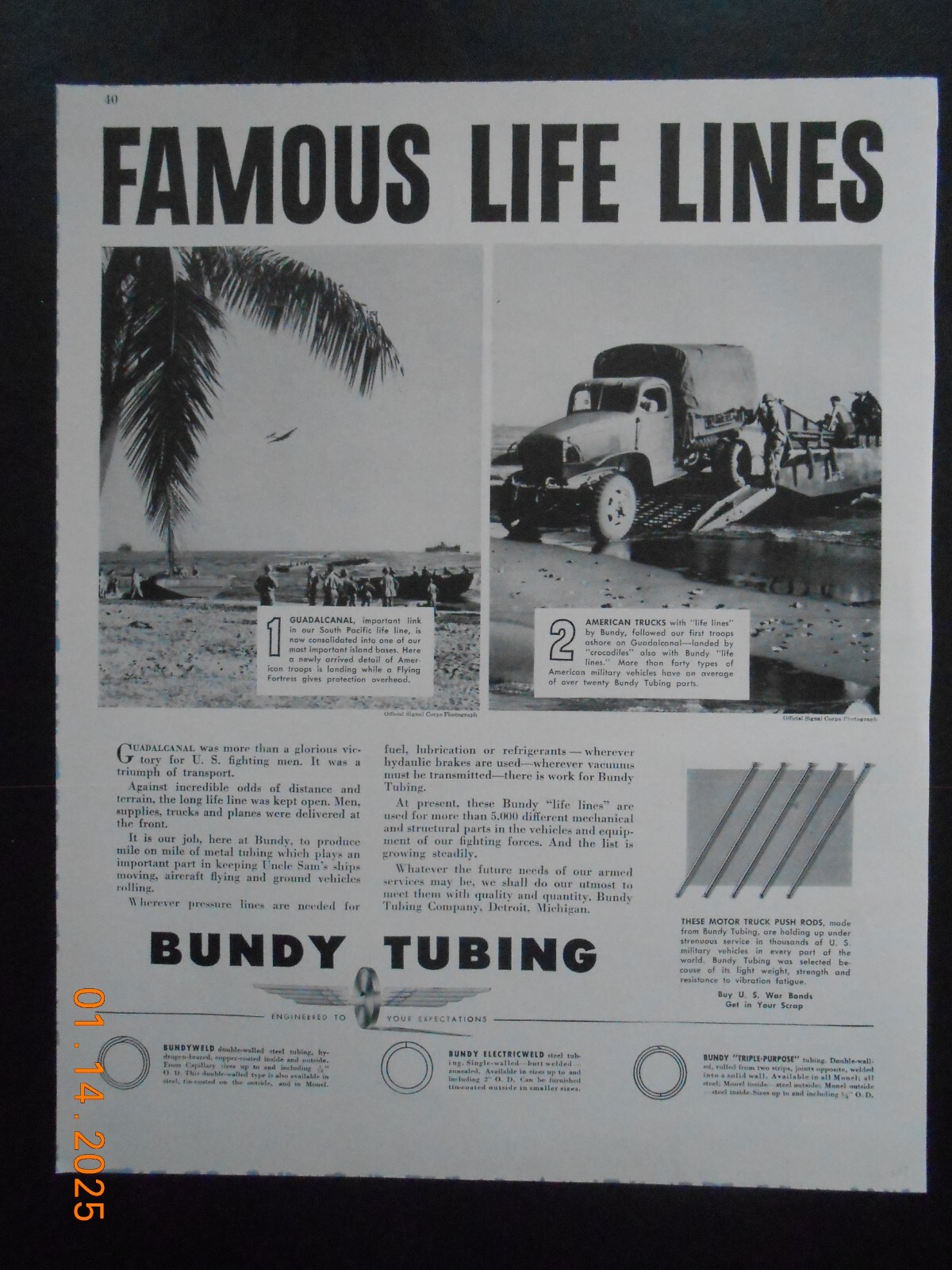 1943 Bundy Tubing CO Detroit MI AD Guadalcanal South Pacific American Trucks