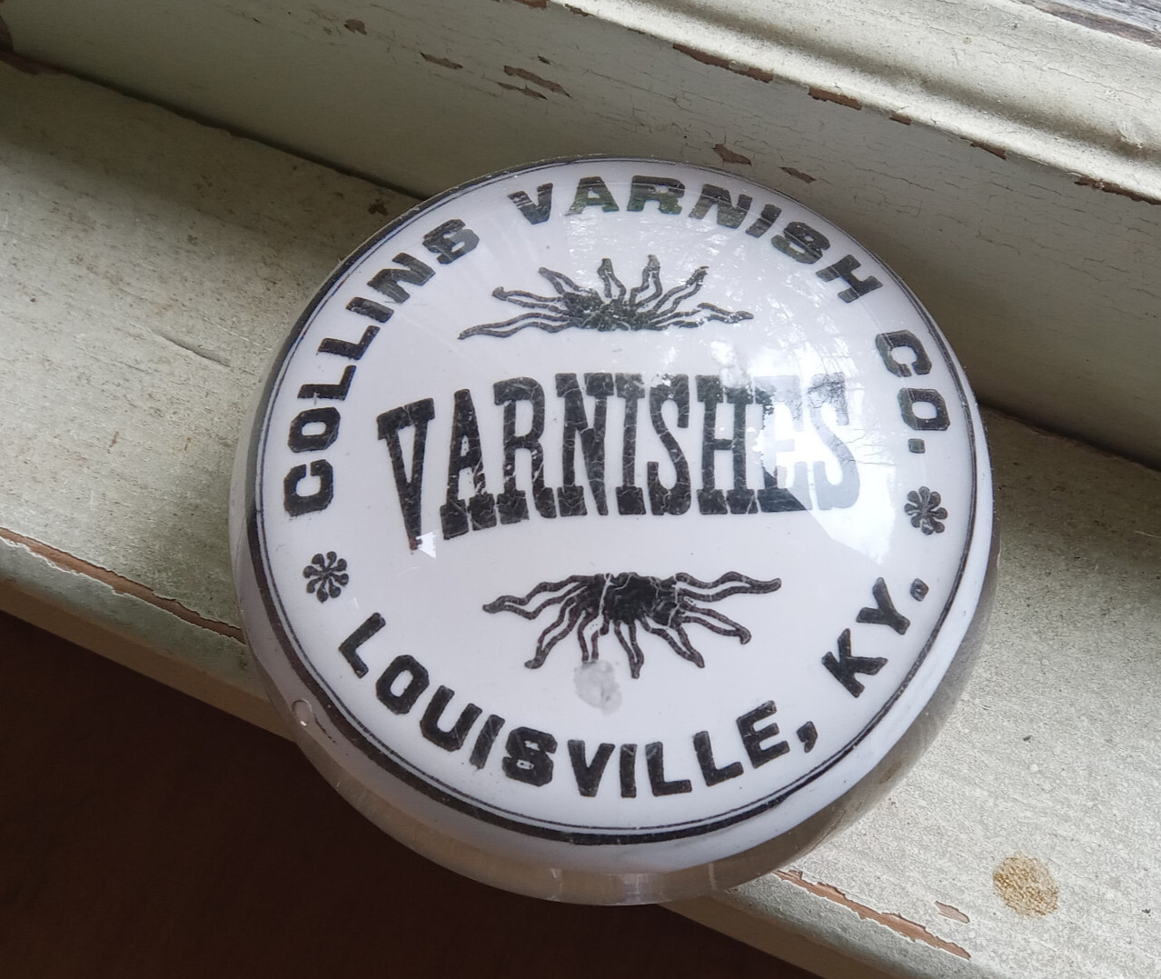 1890s COLLINS VARNISH CO LOUISVILLE,KY ANTIQUE GLASS ADVERTISING PAPERWEIGHT