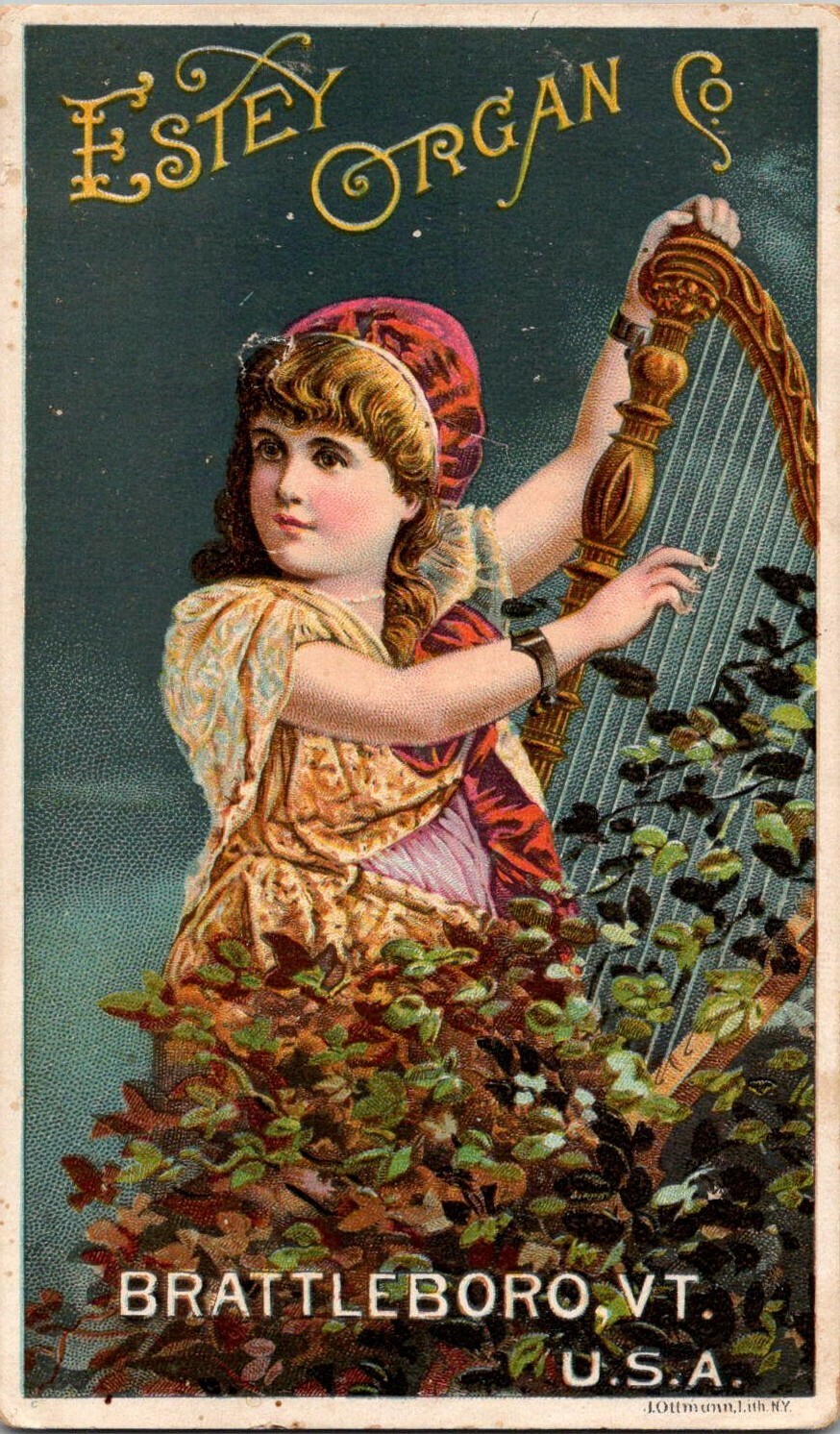 Estey Organ Co BRATTLEBORO VT Lovely Girl Harpist Gold Harp Victorian Trade Card