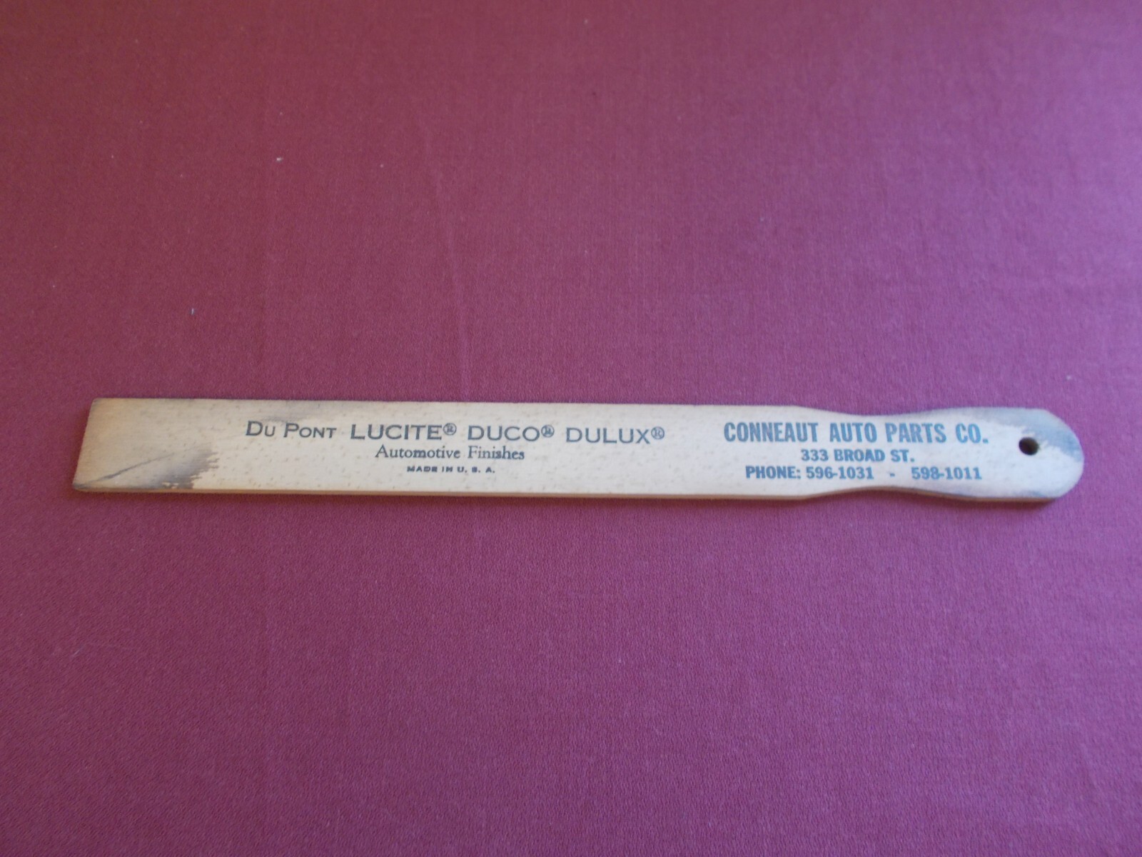 VINTAGE PAINT STIR STICK DUPONT DUCO AUTOMOTIVE DULUX CONNEAUT AUTO PARTS WOOD