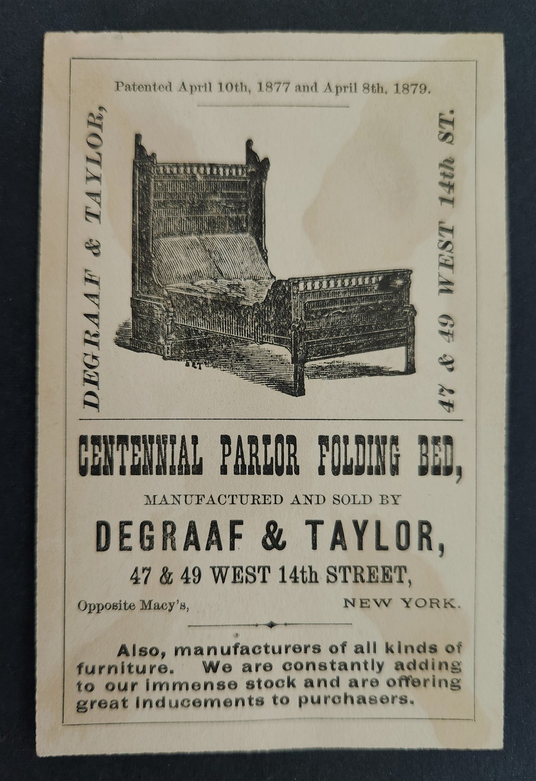 1880 antique DEGRAAF & TAYLOR nyc CENTENNIAL PARLOR FOLDING BED AD TRADE CARD