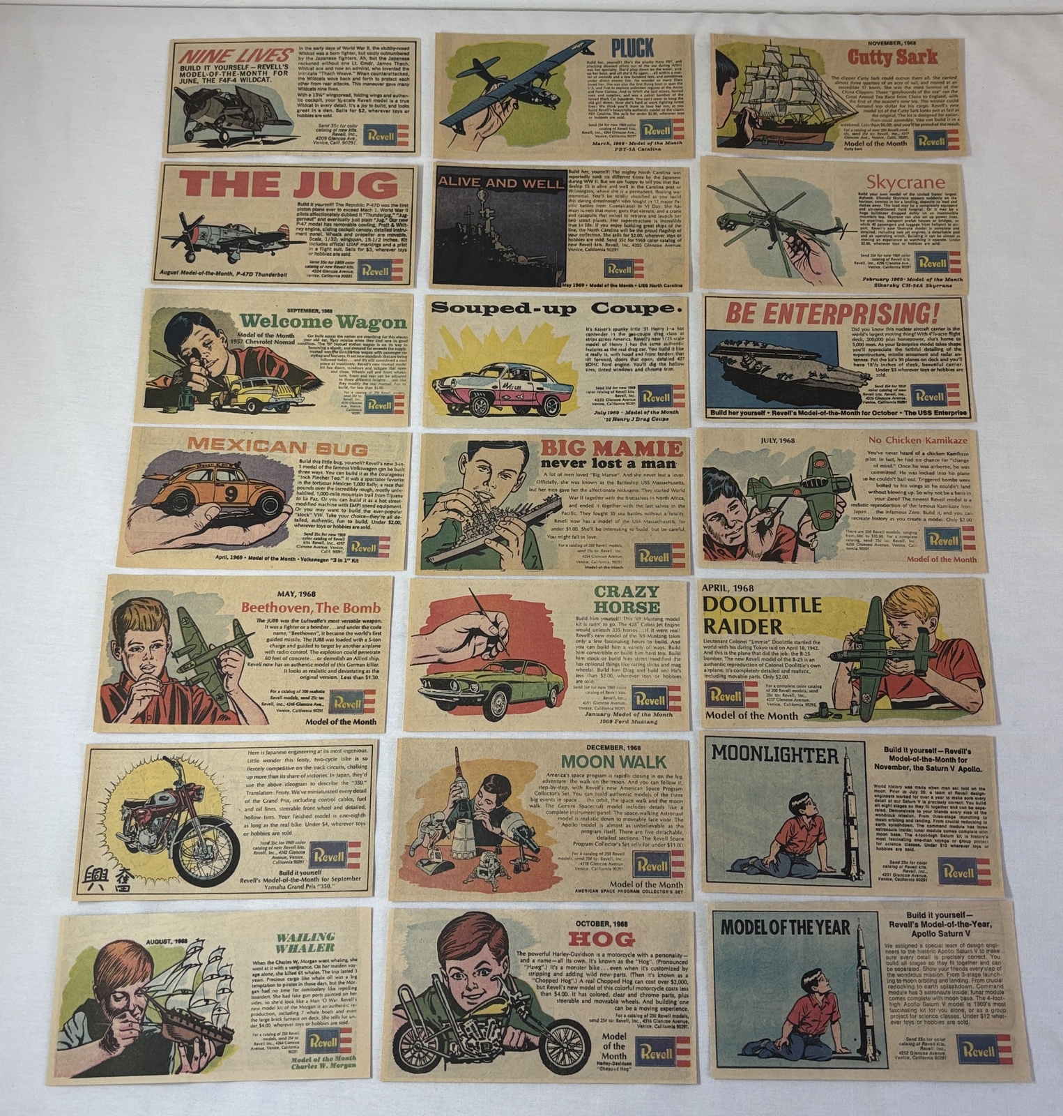collection of 21 REVELL comic book model kit ads ~ 1960’s ~about 3×6 inches each