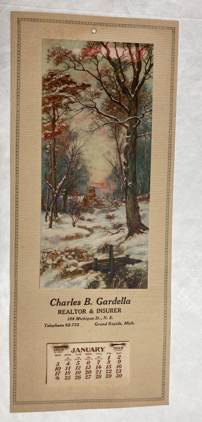 1926 Illustrated Calendar Grand Rapids MI Snowy Winter Home Scene OHIO ART CO.