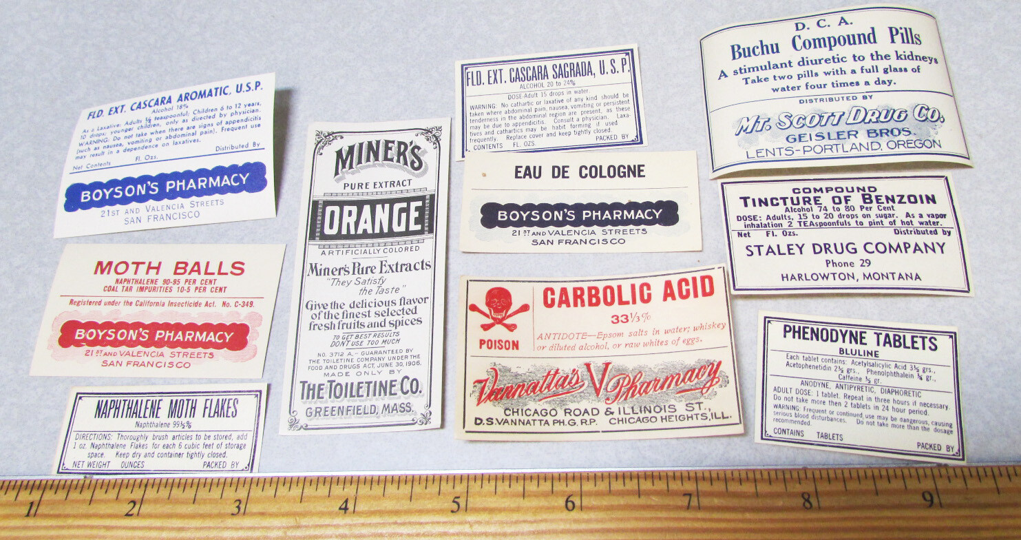 Vintage Pharmacy store unused labels set of 10 all different, mixed 1880s-1940s