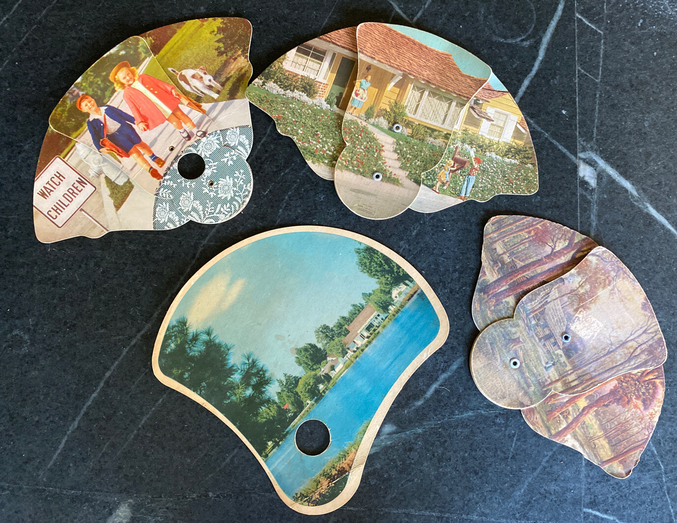 Antique Vintage Lot TriFold Advertising Hand Fans Home Scenes