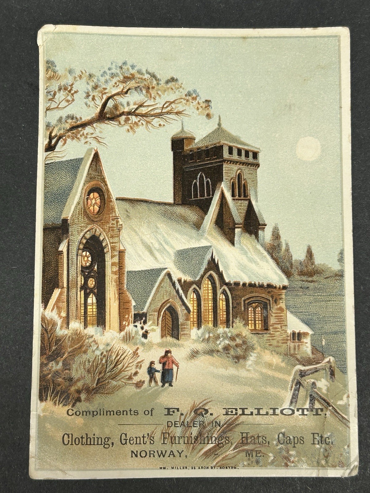 F.Q. Elliott Clothing Hats Caps Antique Victorian Trade Card Norway Maine