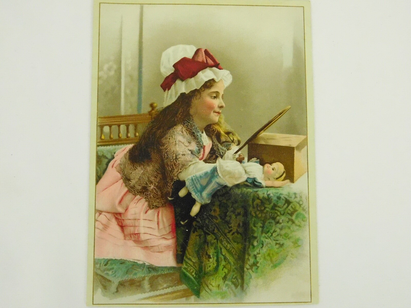 Pretty Victorian Early 1900s Card Print Postcard Young Girl in Hat Doll Mirror