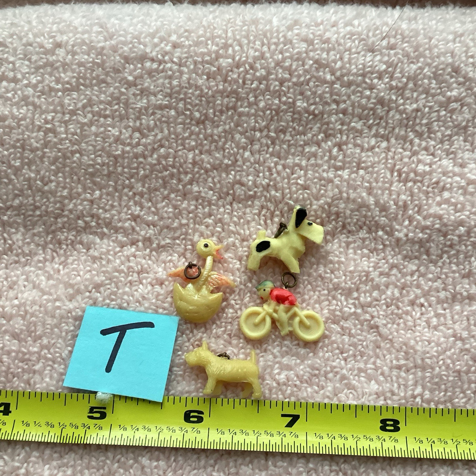 Antique Celluloid Charms, LOT T, Bicycle With Rider, Hatching Chick, Dogs