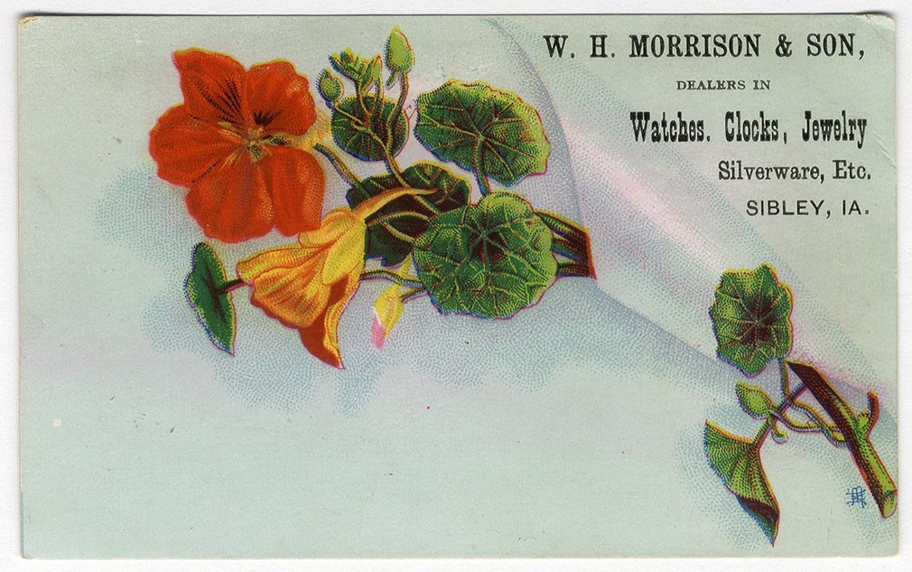 Sibley Iowa WATCHES JEWELRY CLOCKS Morrison Store VICTORIAN Trade Card 1880’s