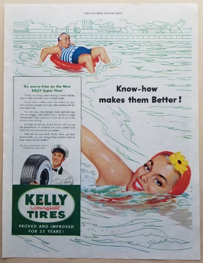 Kelly Springfield Tires 1949 Ad with Illustration Art by Bill Randall