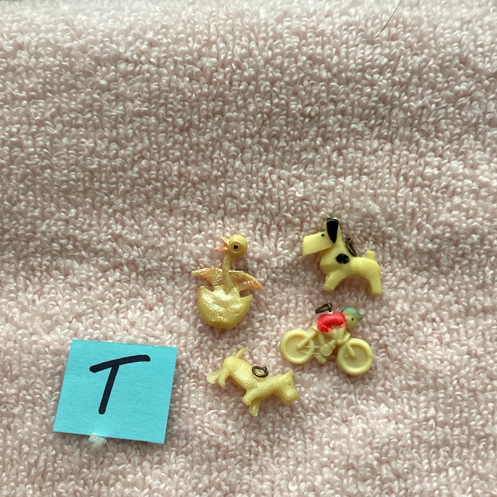 Antique Celluloid Charms, LOT T, Bicycle With Rider, Hatching Chick, Dogs