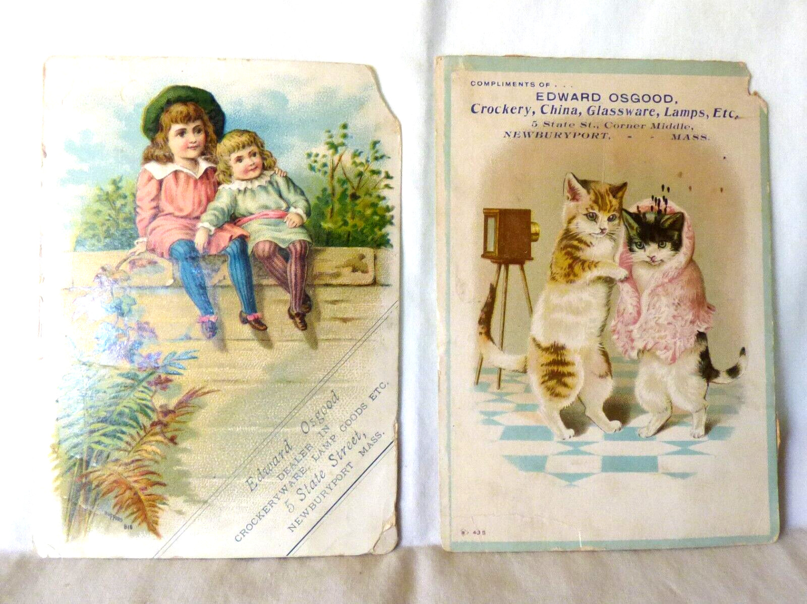 1880s 2 Trade Cards Edward Osgood Crockery NEWBURYPORT Mass Bufford Boston CATS