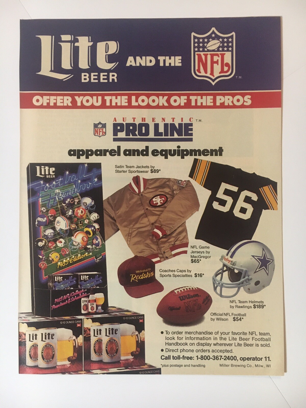 Miller Lite Beer NFL Authentic Pro Line Apparel 1985 Vintage Print Ad 8x11In.