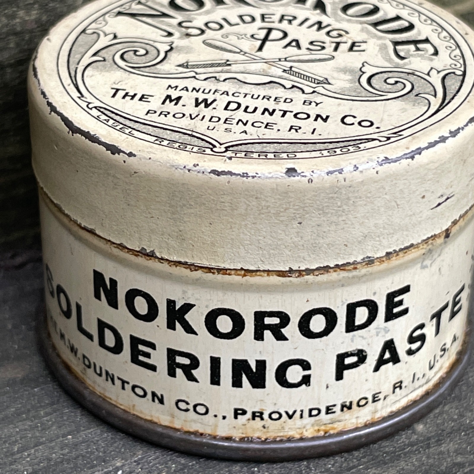 Vintage 1926 Nokorode Soldering Paste 2 Oz Can Advertising Tin M.W. Dunton Co