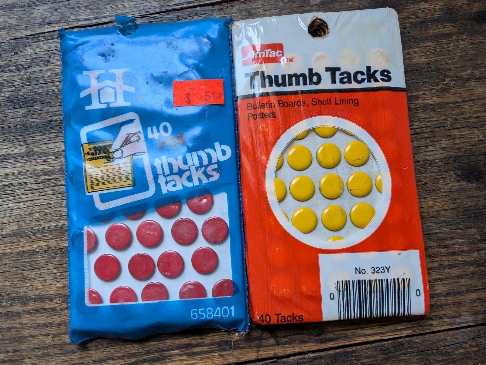 Lot Of 2 NOS Vintage Deco Room Thumbtacks Push Pins Yellow & Red