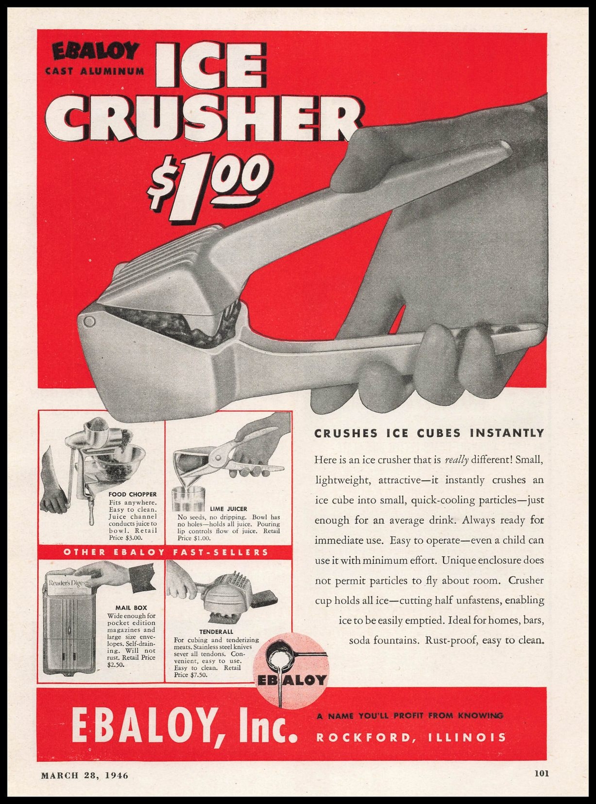1946 Ebaloy Inc. Rockford Illinois $1.00 Ice Crusher Vintage Print Ad