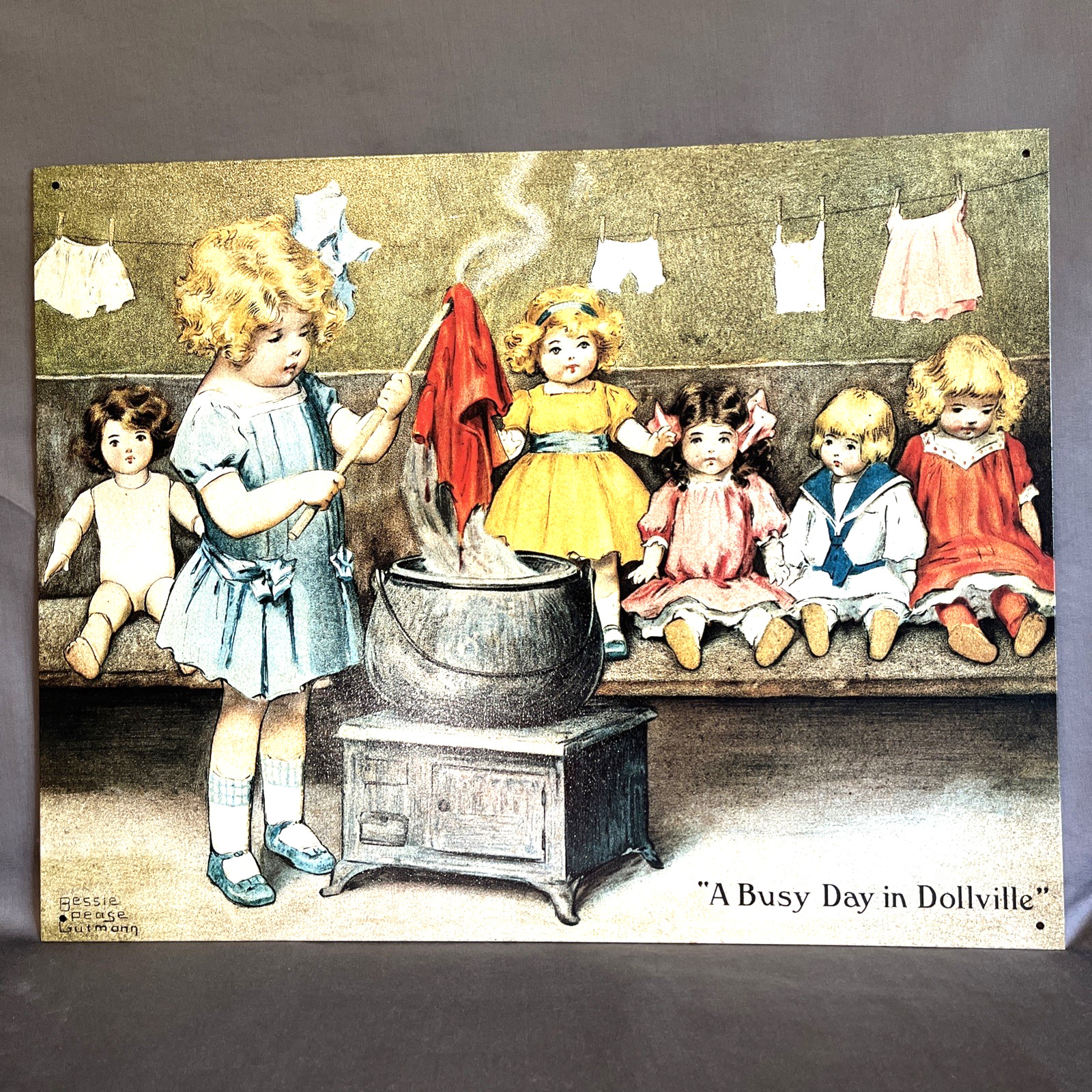 Vtg 1994 A Busy Day in Dollville Bessie Pease Gutmann Metal Tin Sign Dolls 1911