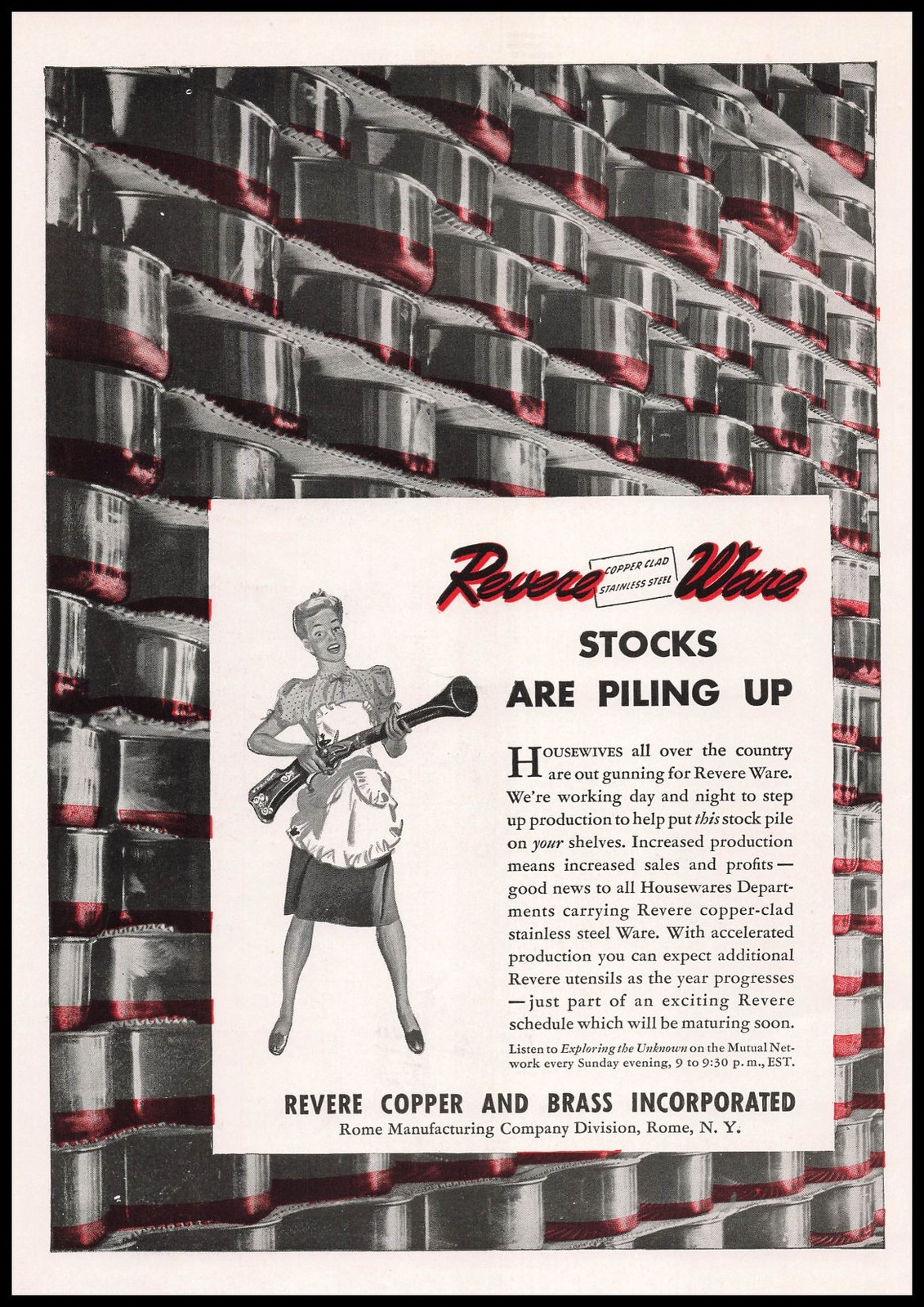 1946 Revere Ware Rome New York Housewife Flintlock Blunderbuss Rifle Print Ad
