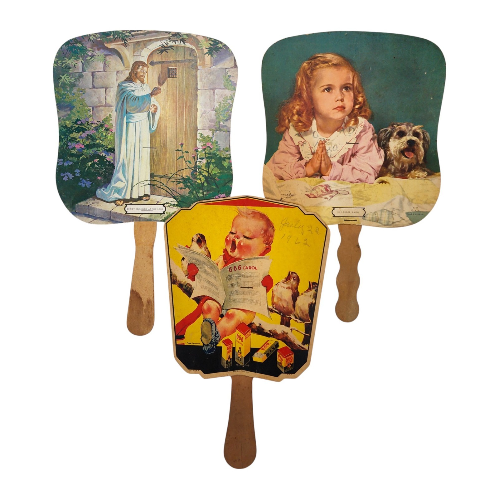 Vintage Putnam Fadeless Advertising Hand Cardboard Fan On Various Topics, 9 pcs
