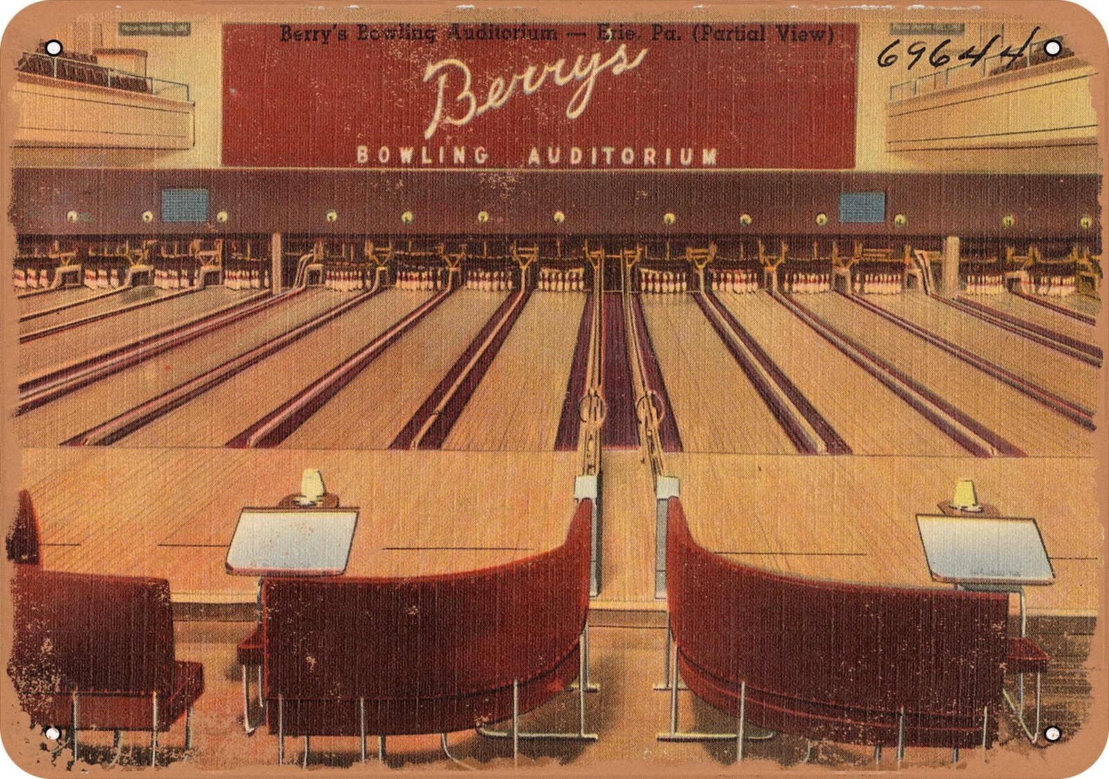 METAL SIGN – Pennsylvania Postcard – Berry’s Bowling Auditorium — Erie, Pa.