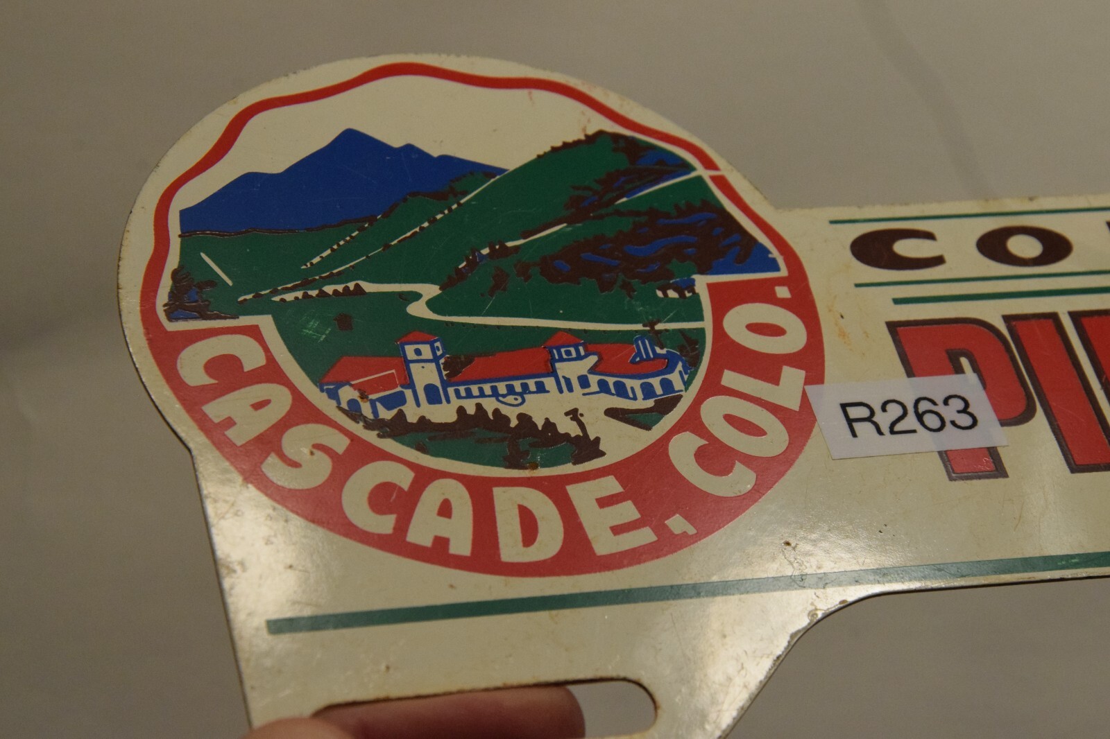 PIKES PEAK CASCADE COLORADO PAINTED METAL TOPPER SIGN ROCKY MOUNTIANS 1950s