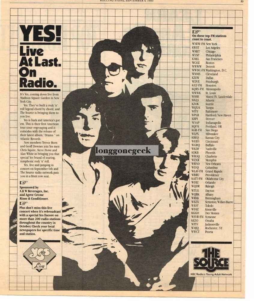 1980 YES – FM Radio Concert The Source VINTAGE Promo Print Ad