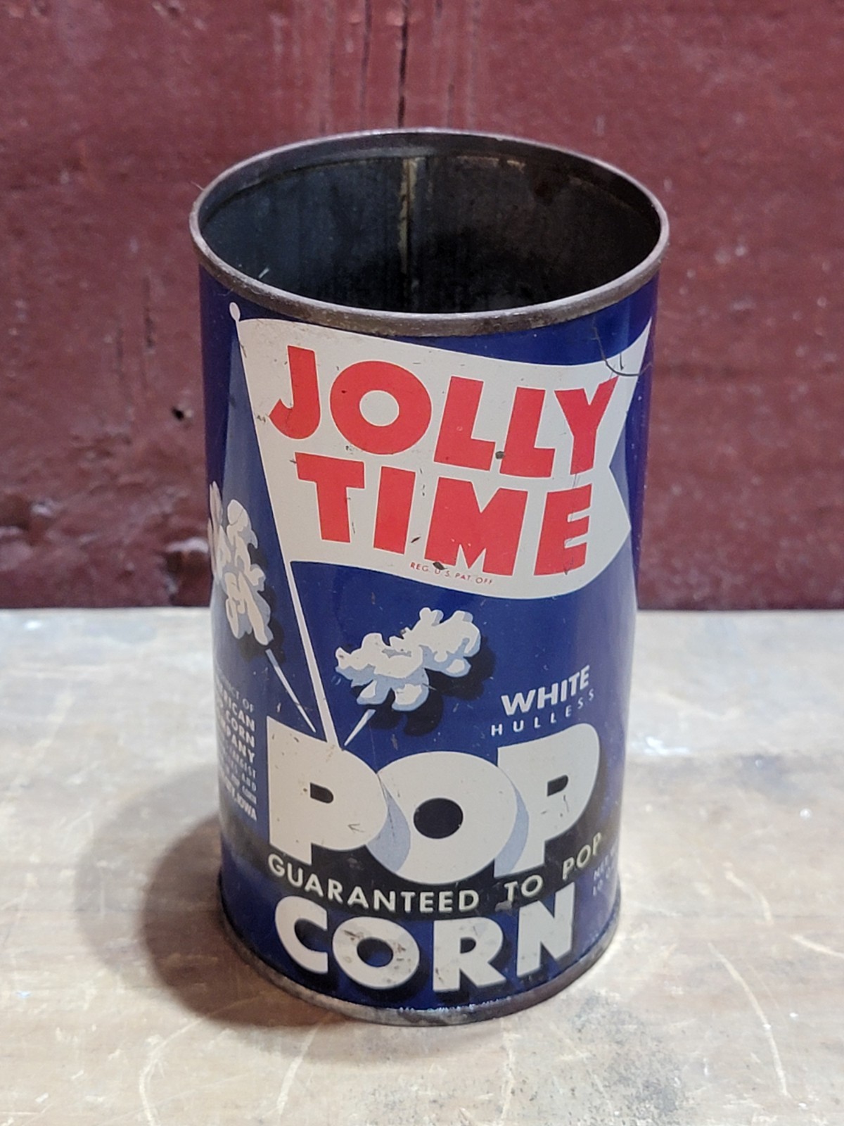 Vintage Jolly Time Popcorn Bank Tin 10 oz Can Advertising