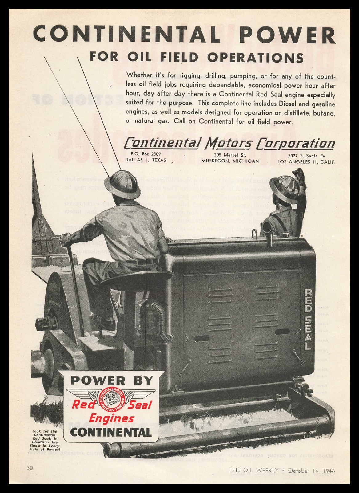 1946 Continental Motors Dallas TX Oil Pumps Powered By Red Seal Engines Print Ad