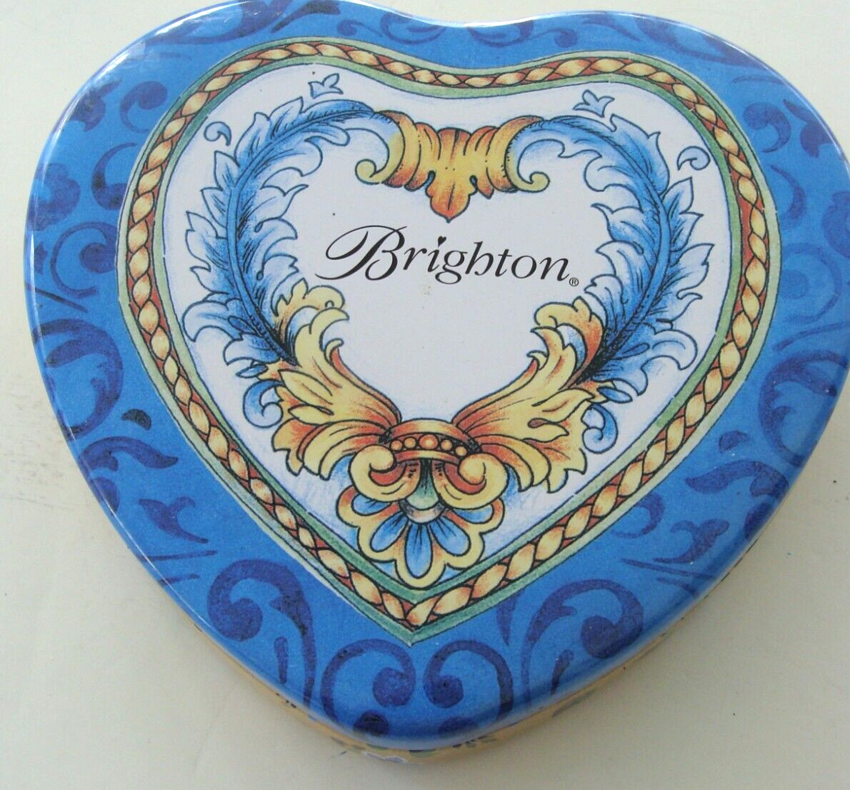 VTG Brighton Blue Gold Beige Heart Shaped Tin Jewelry Collectible Metal Box