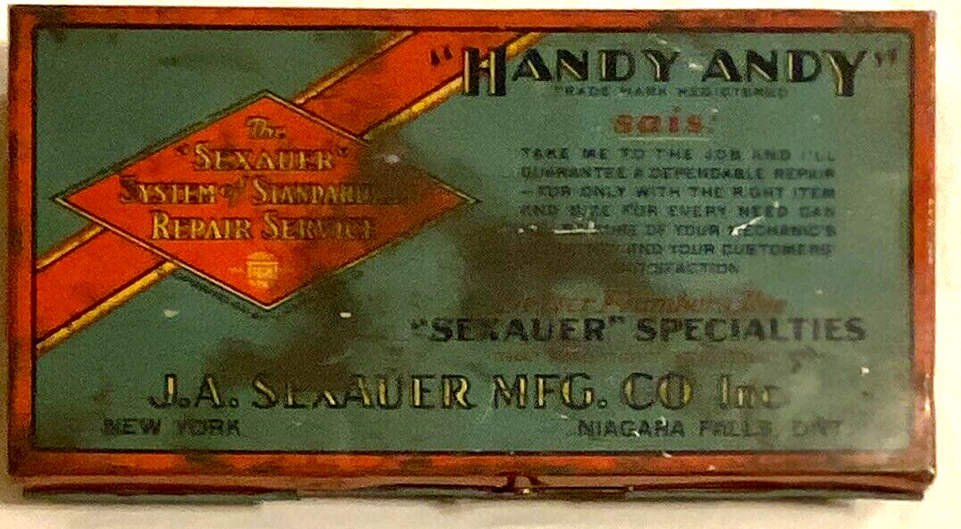 VTG Handy Andy No 3 Metal Box ADVERTISING Empty 1930s Sexauer System 30s TIN