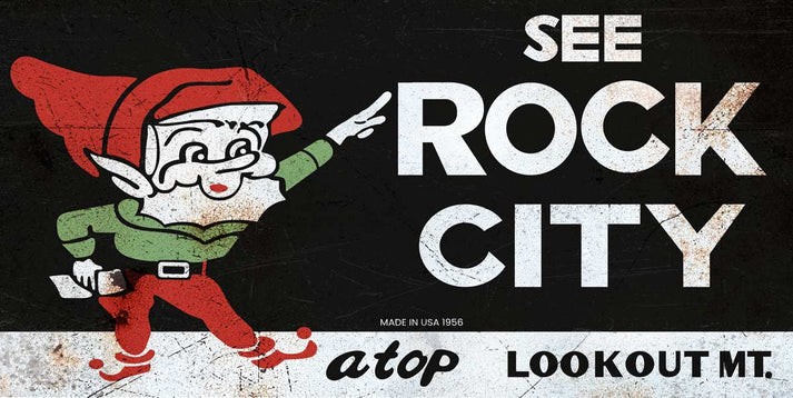 SEE ROCK CITY LOOKOUT MT GNOME 36″ HEAVY DUTY METAL USA MADE AGED ADV SIGN