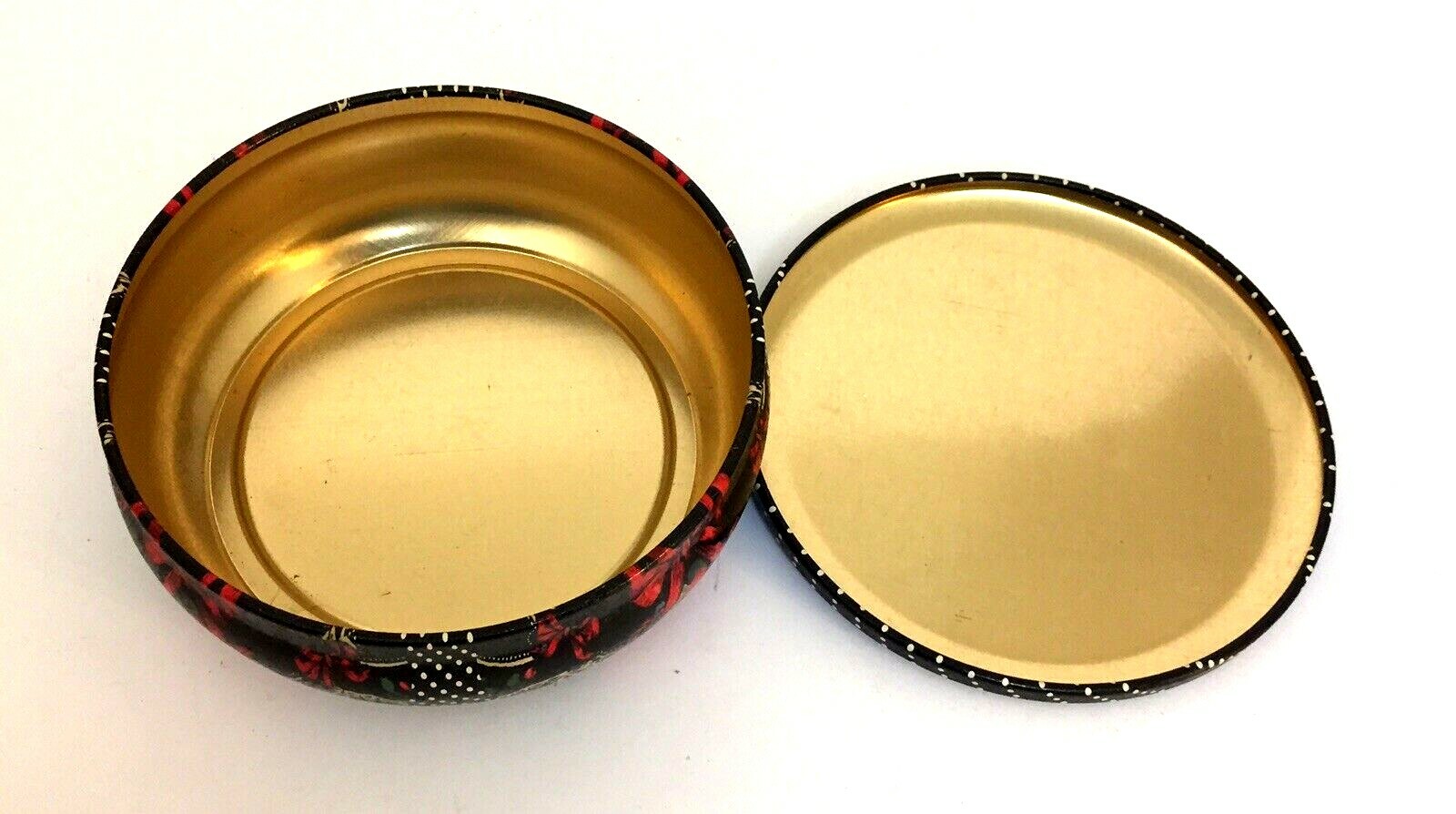 Vintage Nobel Hall? Round EMPTY Tin Red Bow Roses Black Polka Dots Lace 5 1/4″