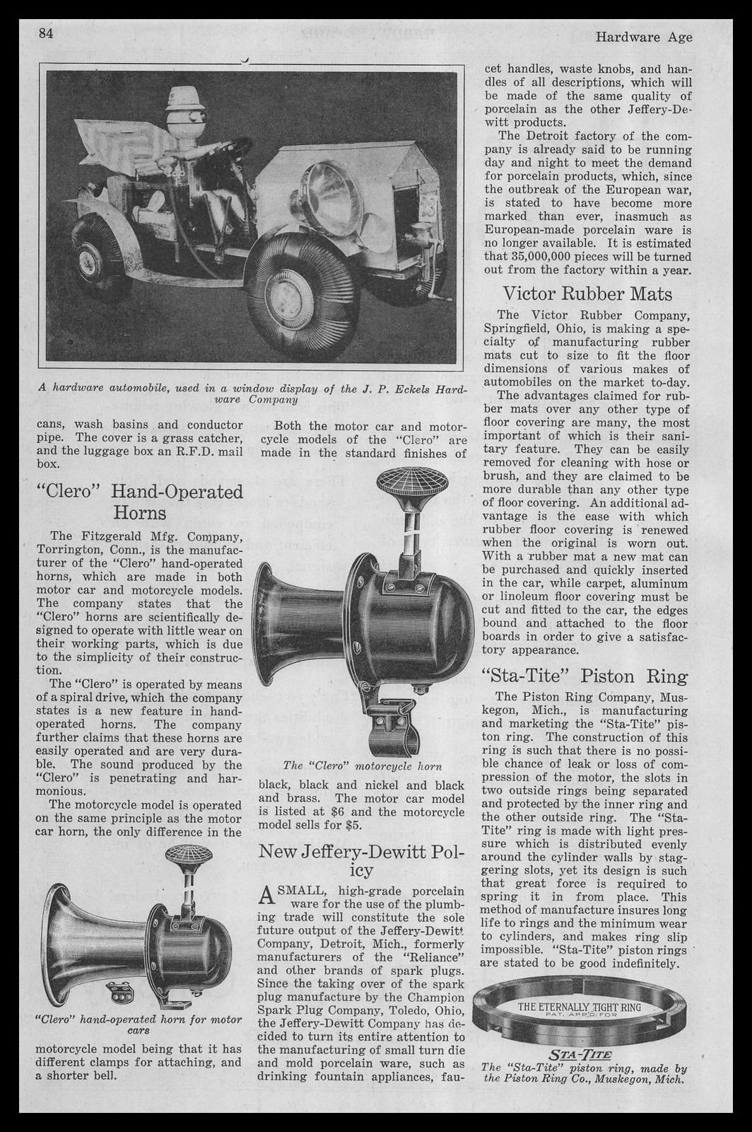 1914 Fitzgerald Torrington Connecticut Clero Motorcycle Horn Article Print Ad