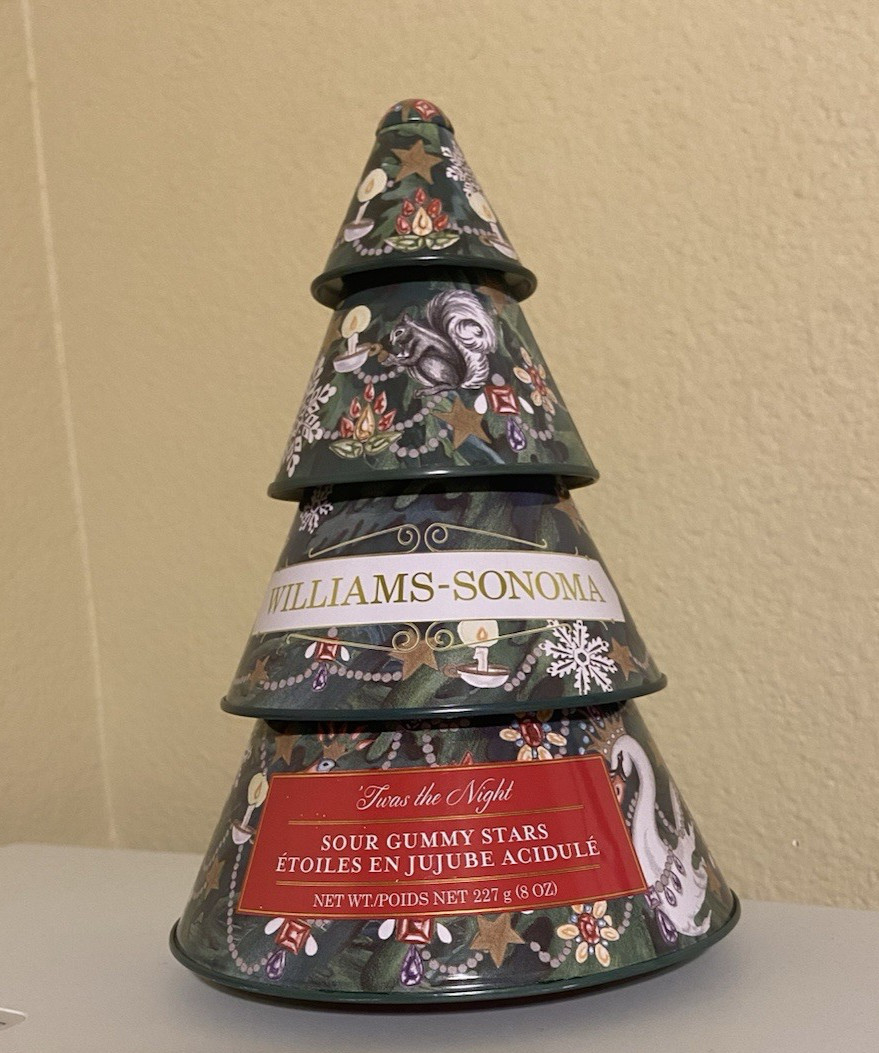 WILLIAMS-SONOMA Tin Can Christmas Tree Metal Gummy Stars Container EMPTY