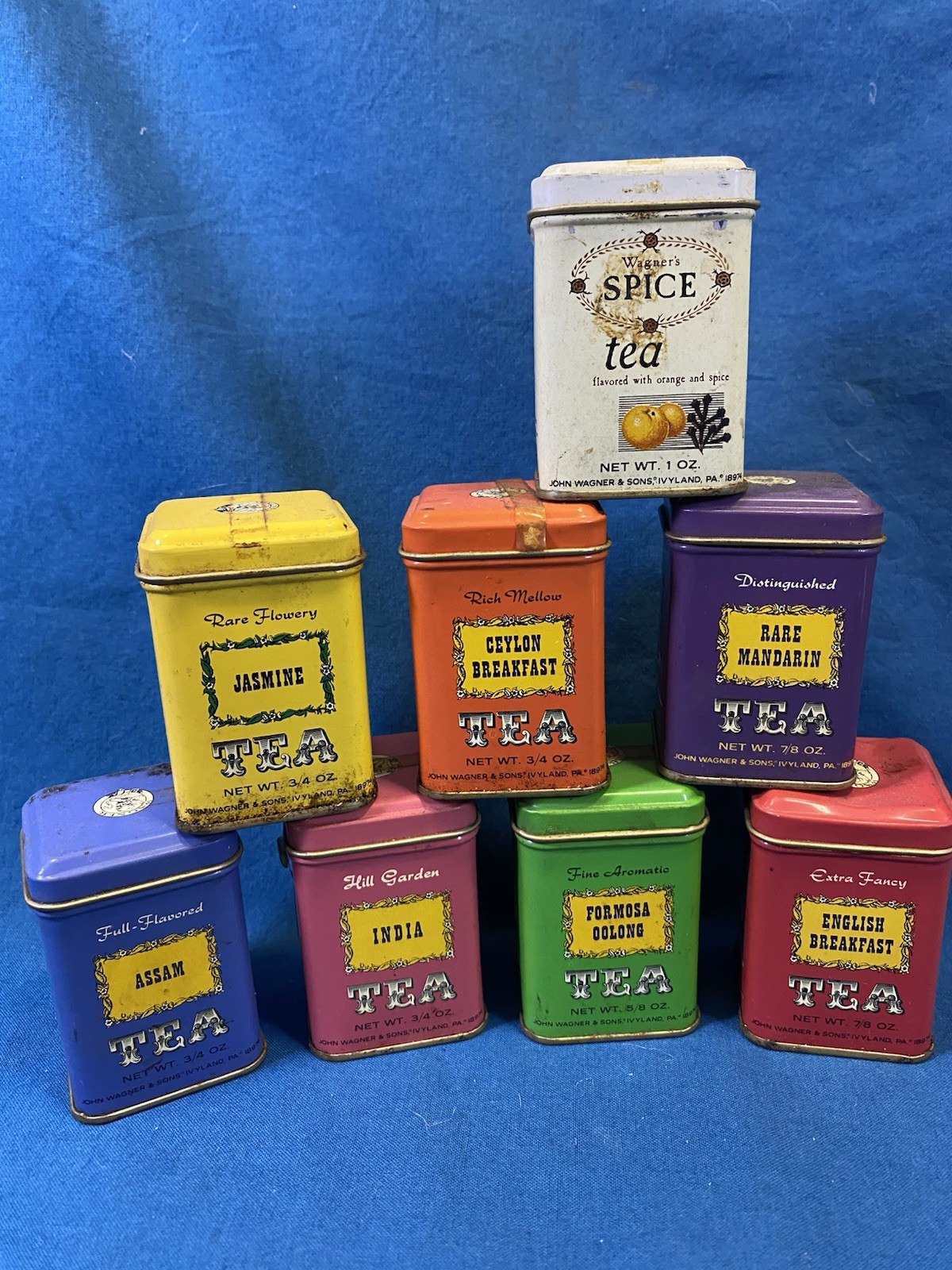 Lot of 8 Vintage John Wagner & Sons Tea Tins Colorful Advertising Display