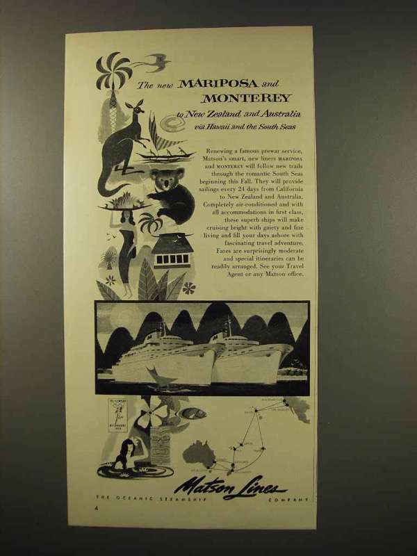 1956 Matson Lines Cruise Ad – Mariposa and Monterey