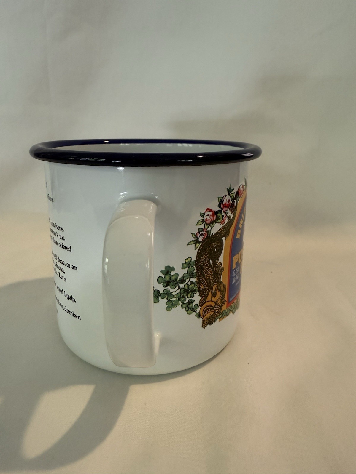 British Navy Pusser’s Rum Enameled Tin Cup with Handle Hand Decorated In USVI