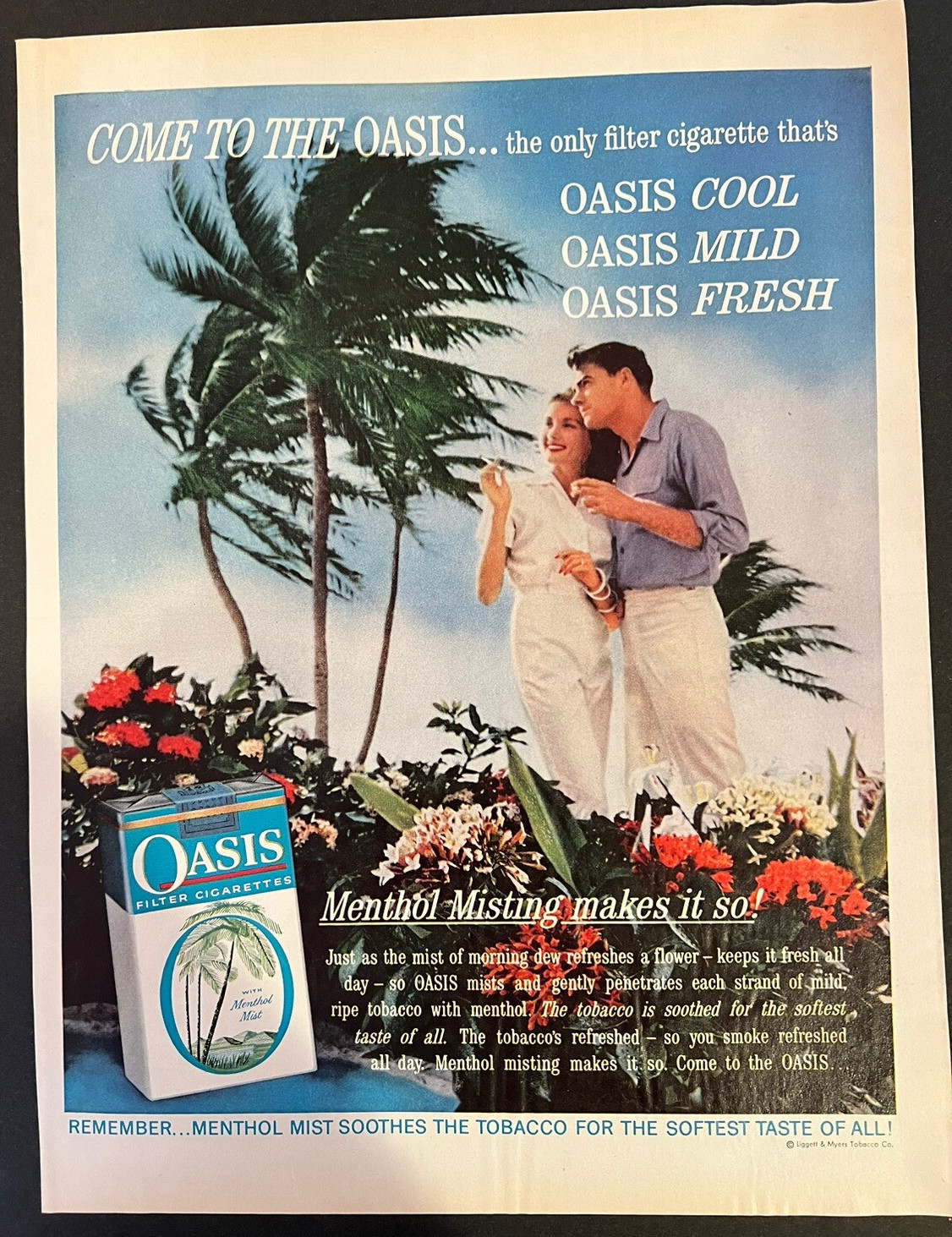Vtg 1960s Oasis Menthol Cigarettes-Menthol Misting Makes it So!-Cool-Mild-Fresh