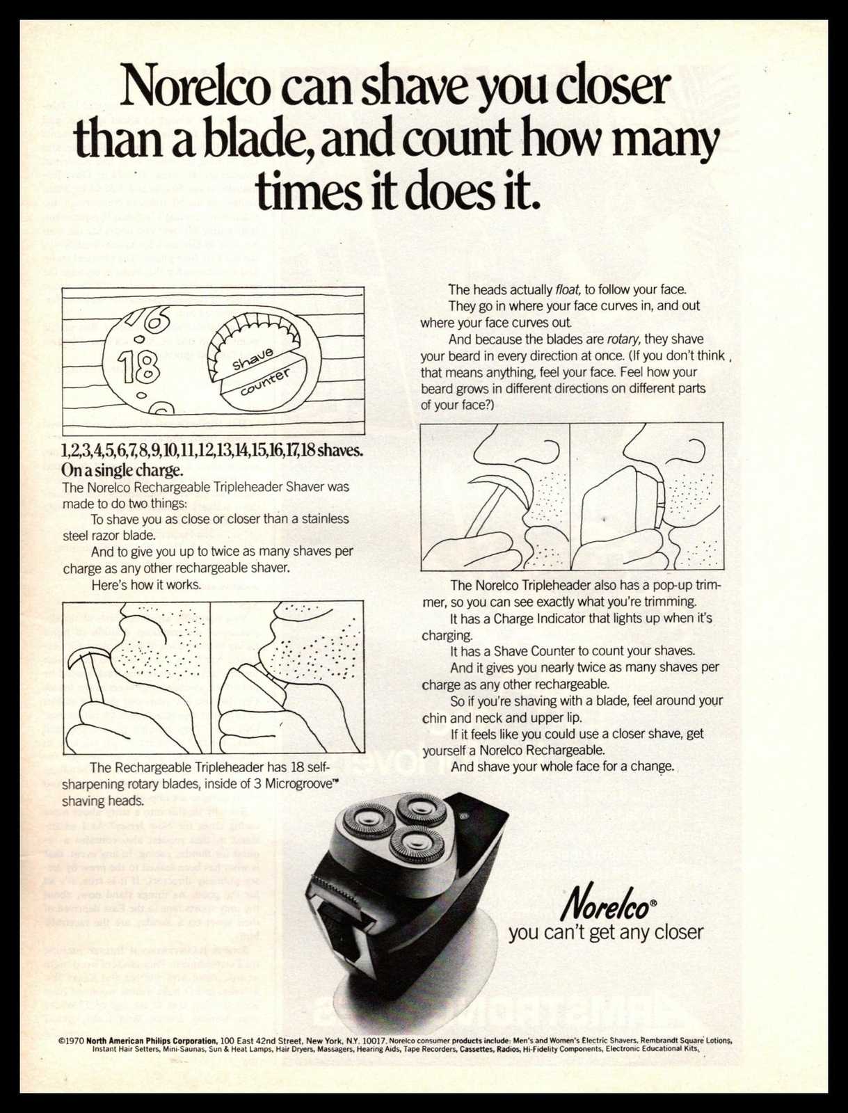 1970 Norelco Tripleheader Electric Shaver Philips Corporation Vintage Print Ad