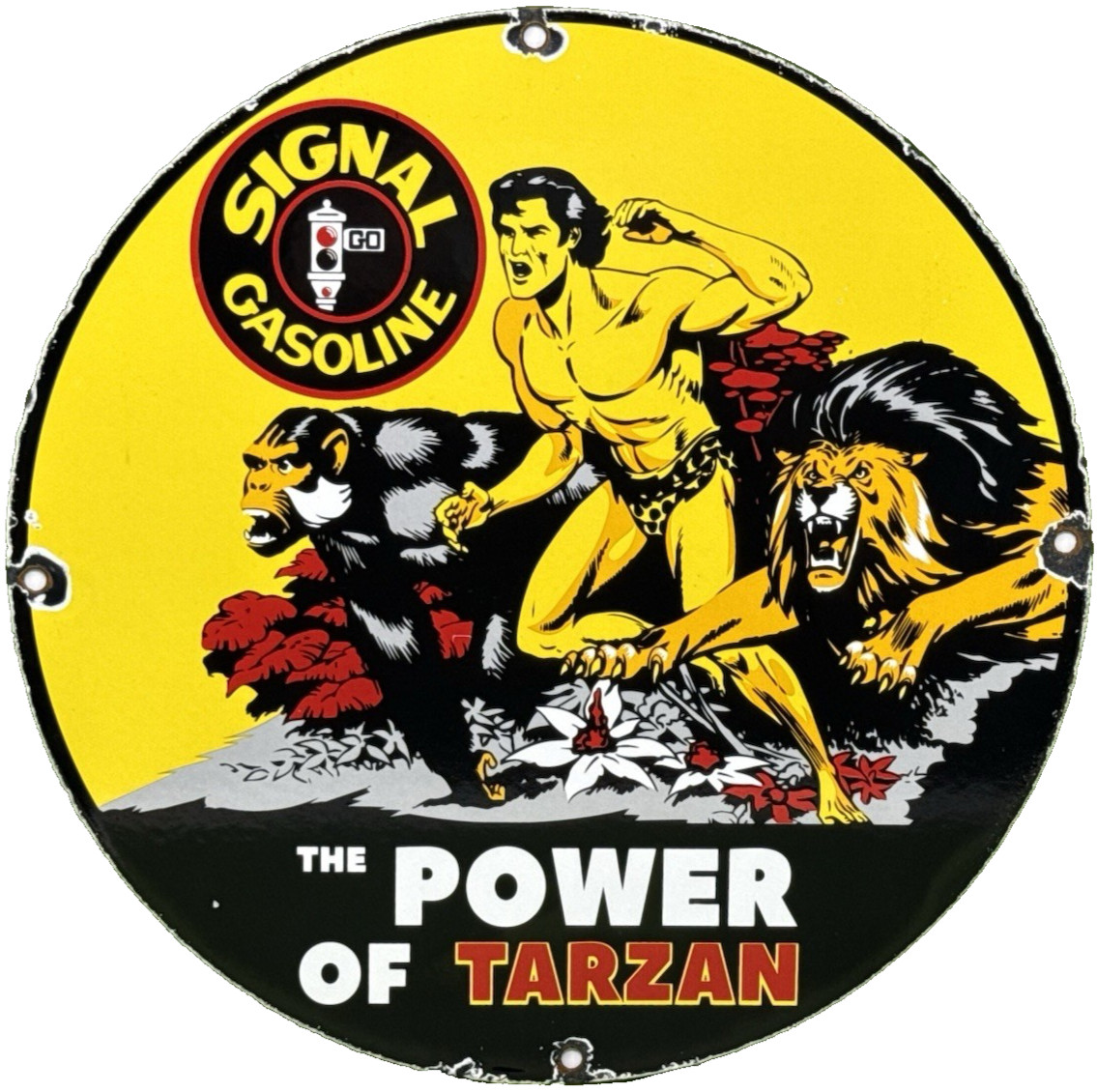 VINTAGE SIGNAL GASOLINE PORCELAIN SIGN MOTOR OIL GAS PUMP PLATE RARE TARZAN
