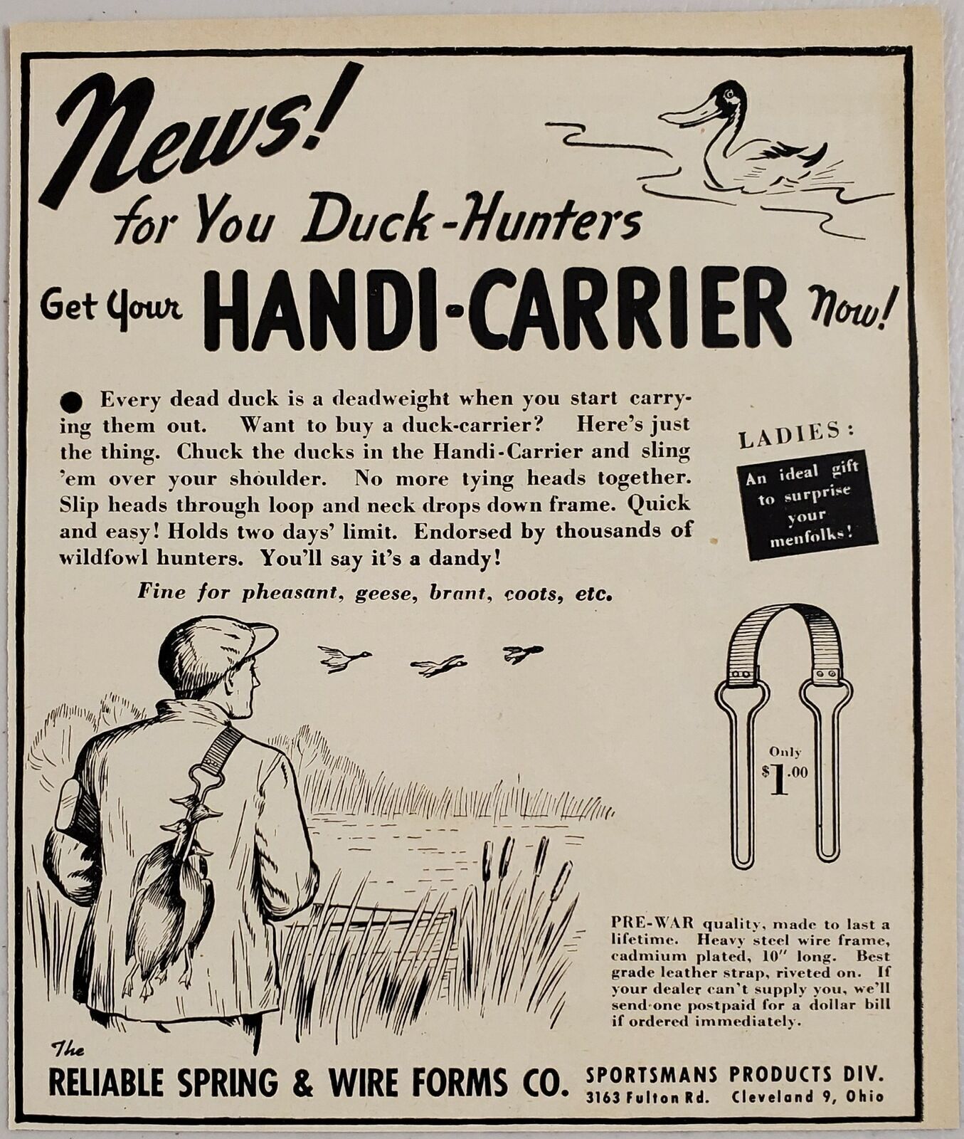 1946 Print Ad Duck Hunter’s Handi-Carrier Reliable Spring & Wire Cleveland,Ohio